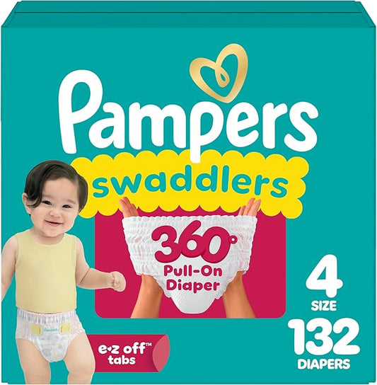 Pampers Diapers - Swaddlers 360° - Size 4, 132 Count, up to 100% Leakproof Comfy Dry Fit, Designed for Easy Changes, Pull On Baby Diaper (Packaging May Vary)