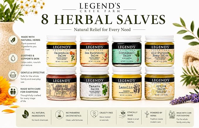 Legend's Creek Farm Herbal Salve Bundle 8 Pack - Pack of 1 oz. Healing Ointment with Ichthammol, Calendula, All-Purpose Hemp, Sea Buckthorn, Tamanu & Hemp, Arnica, Ancient Oil, Lanolin (8 Jars)