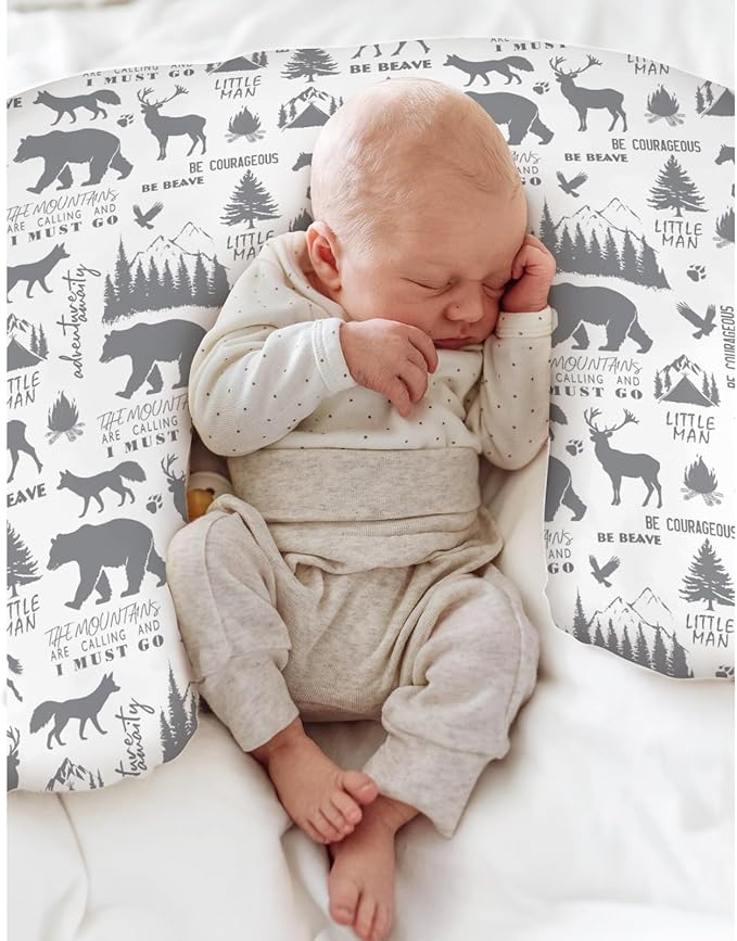 Gray Animals Nursing Pillow Covers for Boy Deer Bear Horse Trees Mountain Nursing Slipcovers for Breastfeeding Pillows Camping Adventure Soft Stretchy Removable Cover for Newborn Infant
