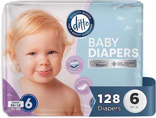 Ditto Baby Diapers Size 6 (128 Count) – Breathable Disposable Diapers – 12-Hour Leak Protection & Wetness Indicator – Day + Overnight Diapers for Sensitive Skin – No Fragrance, Parabens or Latex