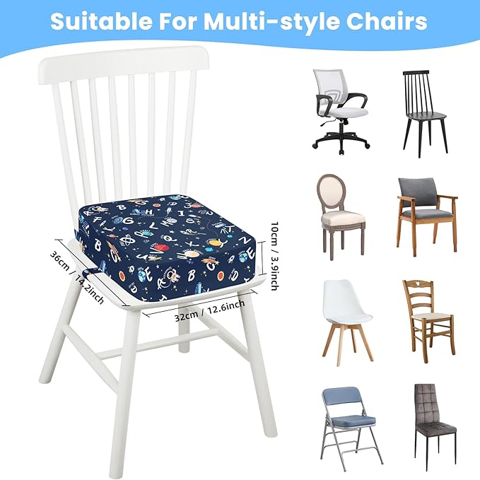 Toddler Booster Seat for Dining Table Kitchen Chair, Kids Booster Seat with Non-Slip Bottom and Adjustable Straps, 4" Detachable Washable Portable Travel Increasing Cushion (Galaxy Alphabet)