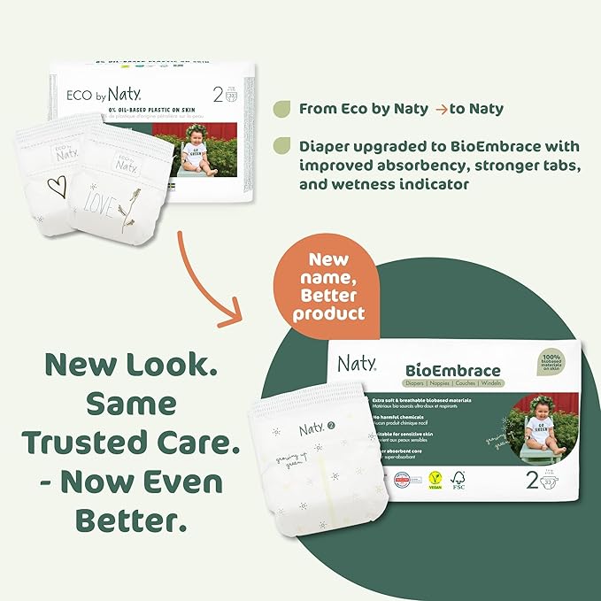 Naty BioEmbrace Baby Newborn Diapers | Sensitive Skin Safe Certified | Leak Protection up to 100% | Plant-Based Teddy Softness, Premium Comfort | Chlorine-Free | Size 2 (6–13 lbs), 33 Count