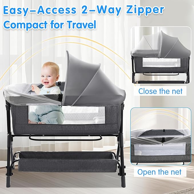 Bassinet Mosquito Net Cover - Half-Blackout Mosquito Net for Baby Crib & Bedside Sleeper, Breathable Crib net with 2-Way Zipper, Sun-Blocking Baby Mosquito Net Cover (Gray-Small)