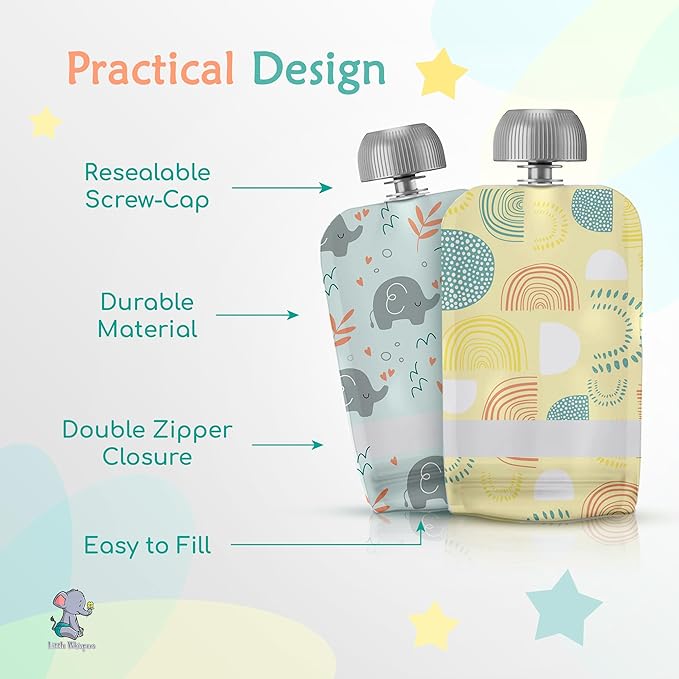 LittleWhispers Reusable Baby Food Pouches - Refillable with Applesauce, Yogurt, Fruit Puree, Smoothie - 10 Pack - Toddler & Kids Squeeze Pouch