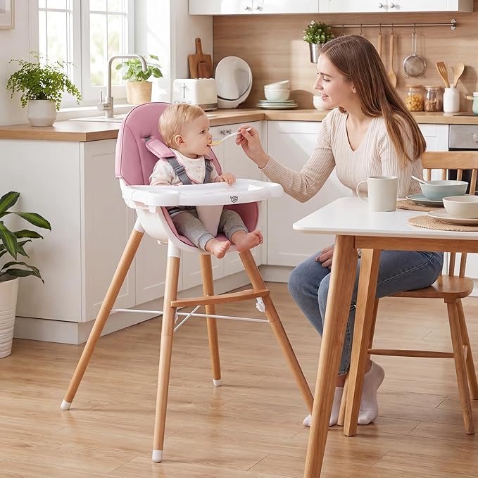 BABY JOY Baby High Chair, Wooden High Chair for Babies & Toddlers with Dishwasher Safe Double Removable Tray, Infant Feeding Chair with 5-Point Safety Harness & Detachable PU Seat Cushion (Pink)