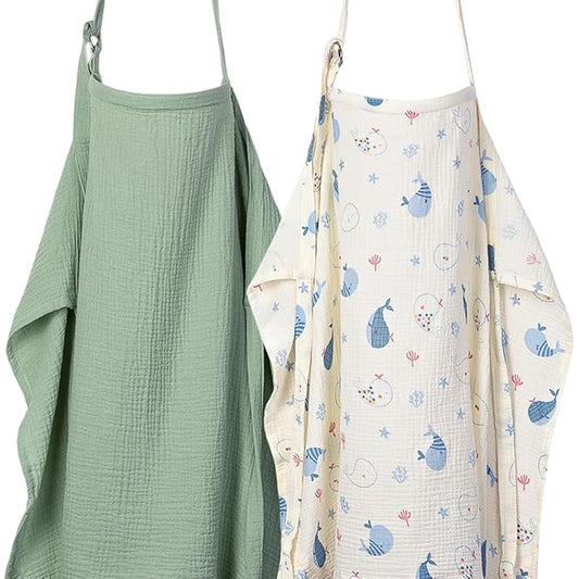 ANYEDDE 2-Pack Nursing Cover for Baby Breastfeeding - Muslin Breastfeeding Covers for Women Nursing, Breathable, Soft Arch Neckline, Green & Whale