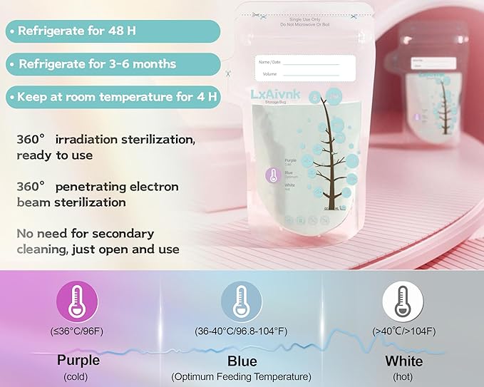 Temp-Sensing Breastmilk Storage Bag - 8oz(125Pcs), Temp-Sensing Icon & No Leak Locking Clamp, Strength Thin Design, for Breastfeeding, Suitable for Freezer