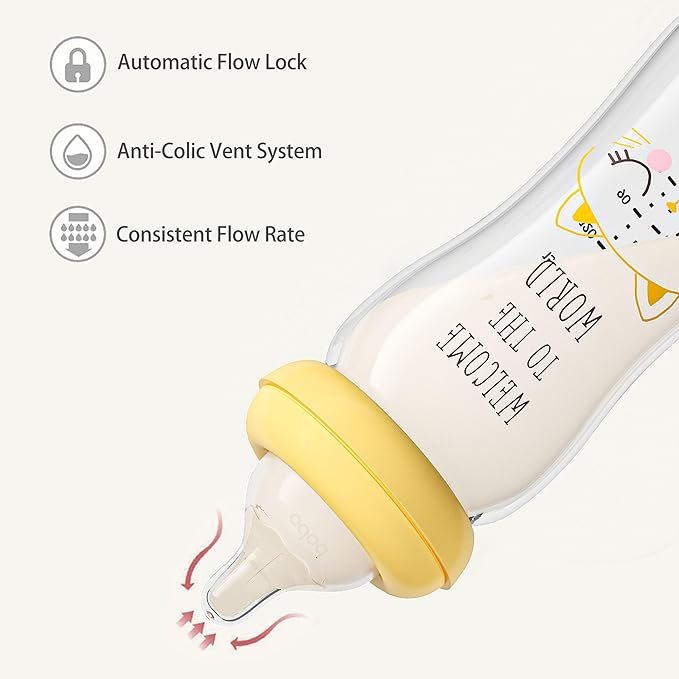 YOHKOH Natural Glass Baby Bottle with Level 2 Medium Flow Nipple, Newborn Anti-Colic Baby Bottles, Wide Neck Mushroom Baby Glass Bottle (8.8ounce (Pack of 2), Yellow1)