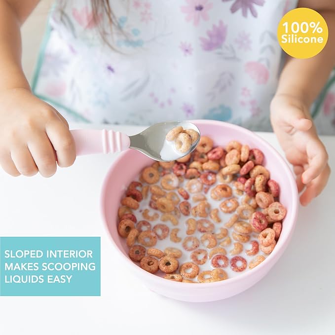 Bumkins Baby Bowl, Silicone Suction, for Babies, Toddlers and Kids, Baby Led Weaning, Feeding Essentials, Platinum Silicone, Non Skid Sticky Bottom, Supplies for Children Ages 6 Months Up, Pink
