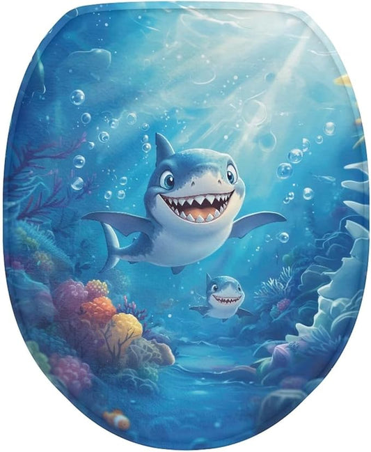 Funny Cartoon Shark Toilet Seat Covers for Bathroom Flannel Fabric Toilet Cover Set Stretch Washable Protector Cover Suitable for Home School Hotel Dormitory Apartment