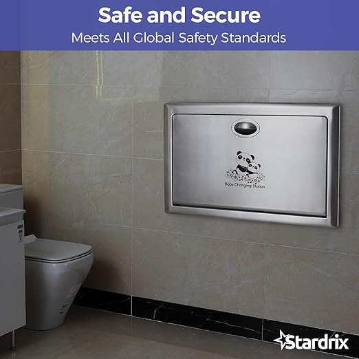 Stardrix Panda Care Stainless Steel Recessed Mounted Baby Changing Station, Heavy Duty Foldable Diaper Changing Table with Liner Dispenser and Adjustable Safety Belt for Commercial and Business