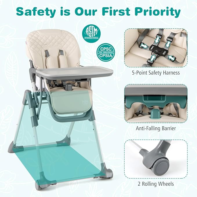 BABY JOY Foldable High Chair for Babies and Toddlers, Portable Adjustable Highchair with Footrest, Detachable Tray, Easy to Clean PU Seat Cushion, 5-Point Safety Belt and Built-in Wheels (Beige)