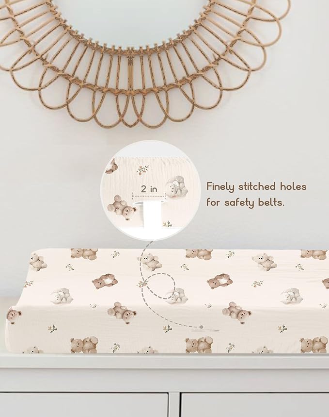 Changing Pad Cover for Baby Girls Boys, Muslin Changing Table Pad Covers with Boho Style, Neutral Color Soft and Breathable (Teddy)