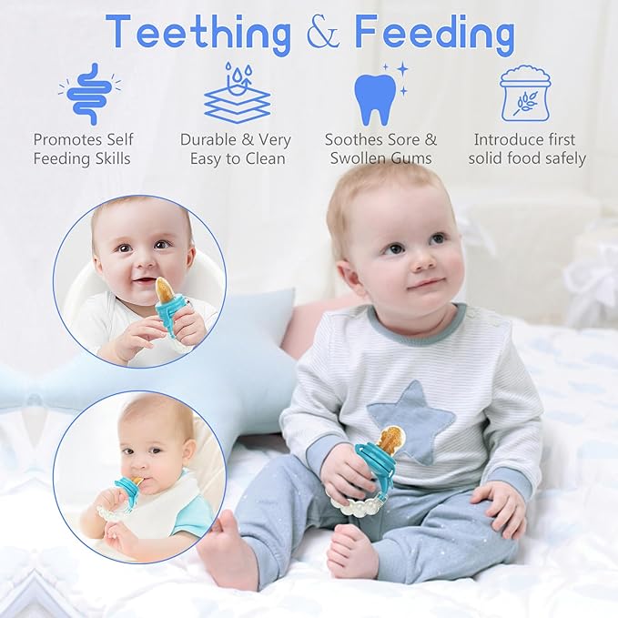 Baby Fruit Feeder Pacifier - 12 Pack | 2 Infant Food Feeder Pacifier & 1 Babies Food Dispensing Spoon | Fruit Teethers for Babies | Silicone Teether Feeder Baby,Infant Teething Feeders (Blue)