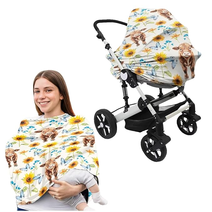 Sunflower Highland Cattle Car Seat Cover + U Shaped Pillow Case Cover Set of 2, Mom Nursing Covers Infant Breastfeeding Protectors for Shopping Cart/High Chair, Boys Girls