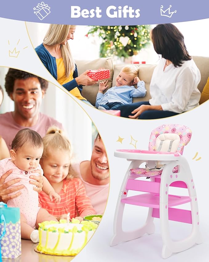High Chair, Convertible Highchairs for Babies and Toddlers, Easy Clean Baby High Chair, 3 in 1 Feeding Chair for Eating, Adjustable Infant Chair for Toddlers 1-3, Baby Food Chair, Pink