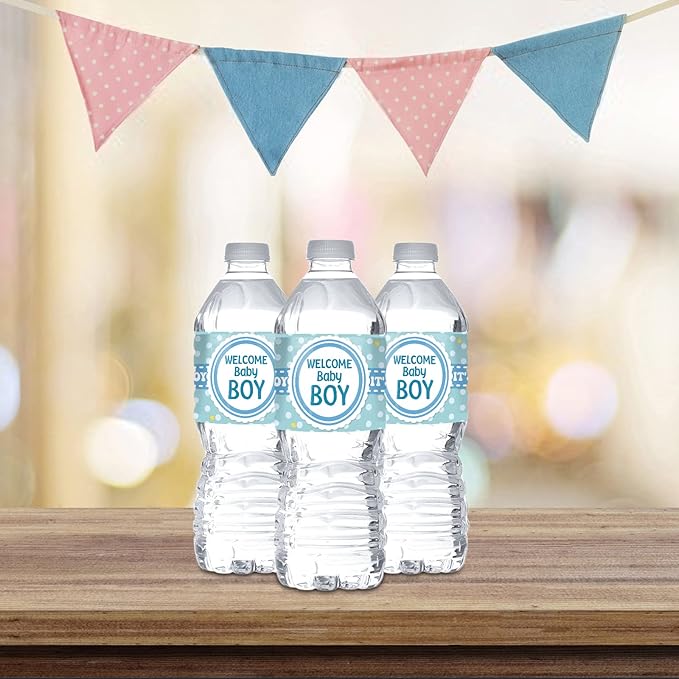 Welcome Baby Boy Water Bottle Stickers/Gender Reveal Bottle Wrappers/It's a Boy Water Labels Supplies/Baby Shower Decorations Blue (Set of 32)