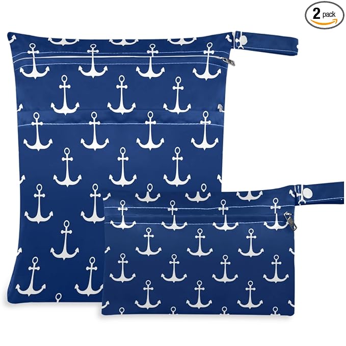 visesunny Classic Anchor Dark Blue 2Pcs Wet Bag with Zippered Pockets Washable Reusable Roomy for Travel,Beach,Pool,Daycare,Stroller,Diapers,Dirty Gym Clothes, Wet Swimsuits, Toiletries