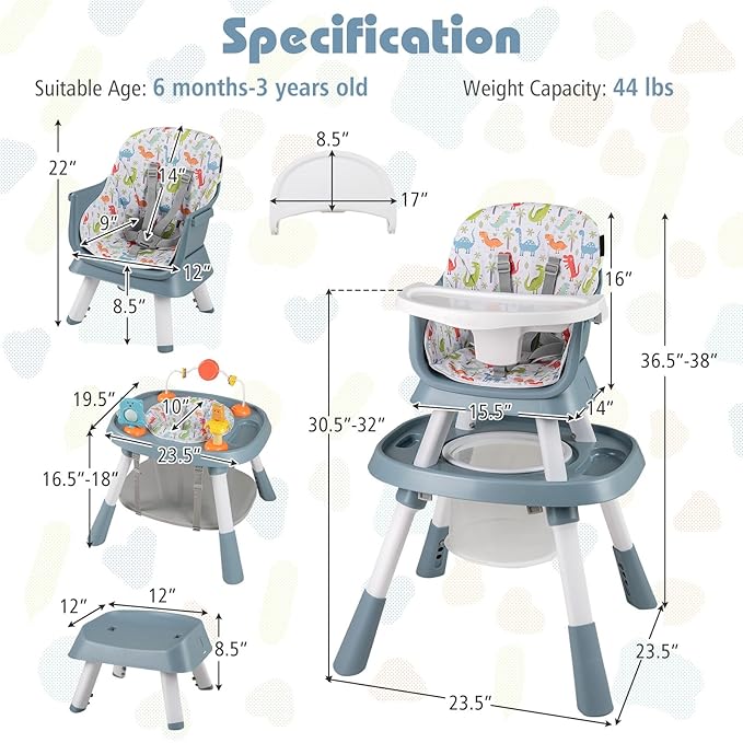 KOTEK 16 in 1 Convertible High Chair, Baby Highchair & Activity Center, Booster Seat, Building Block Table, Toddler Chair with 5-Point Harness, Removable Tray & Cushion (Blue)