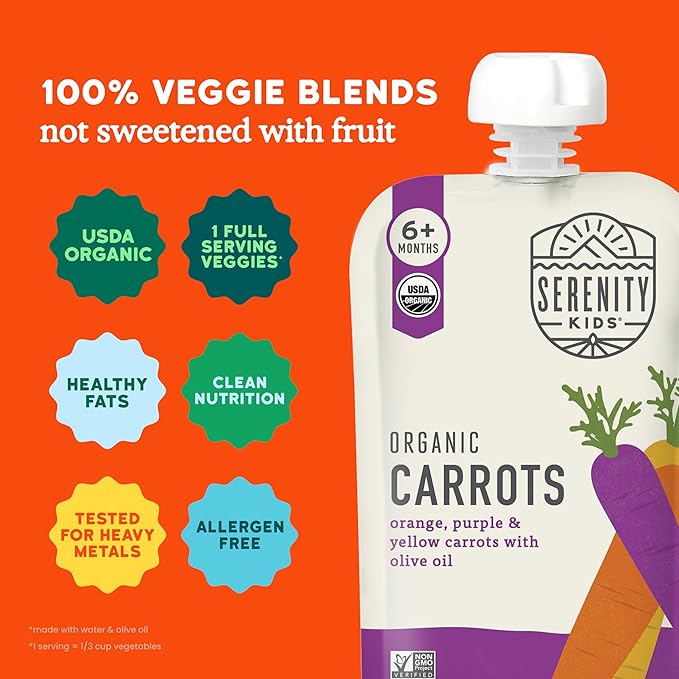 Serenity Kids 6+ Organic Carrot Veggie Puree Baby Food Pouches - No Added Sugar & Allergen-Free Baby Snacks - BPA-Free Veggie Pouches - On-The-Go Snack Pack - 3.5 Oz Pack of 12