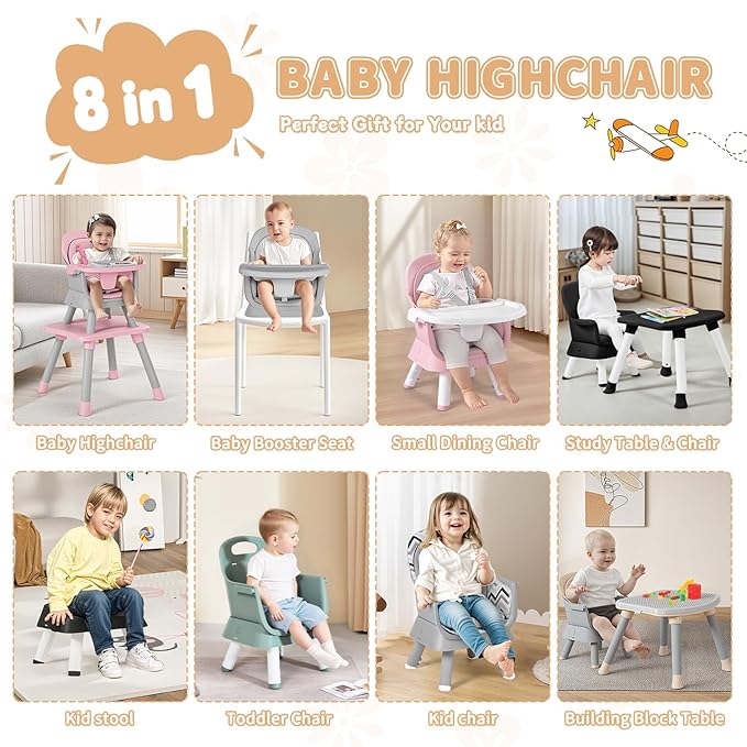 Kinder King Baby High Chair, 8 in 1 Coverts to Dining Booster Seat/Kids Table & Chair Set/Toddler Building Block Table/Kids Stool, Removable Tray & Double Seat Cover, Easy to Wipe, Grey