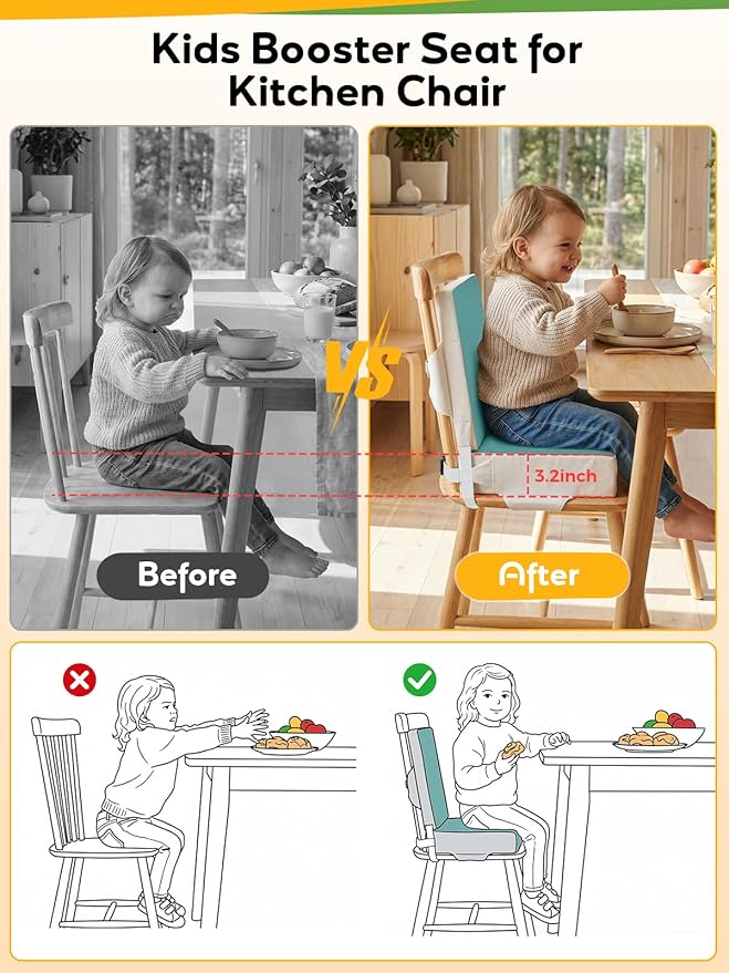 Toddler Booster Seat for Dining Table, Booster Seat for Kitchen Chair, Dining Seat with Adjustable Straps, Portable Travel Increasing Cushion for Chair (Green