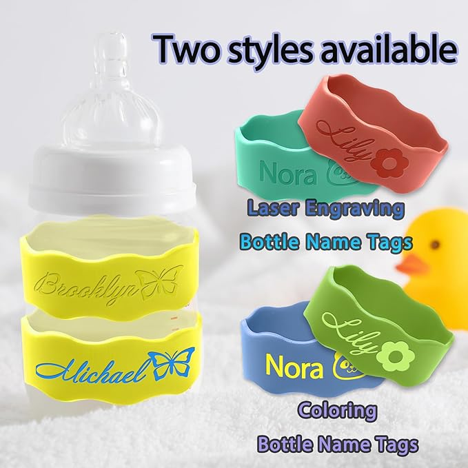 Personalized Water Bottle Name Bands Custom Engraved Silicone Labels Customized Silicone Baby Bottle Labels for Daycare Reusable Baby Bottle Straps for Kids Cups School Waterproof-Orange