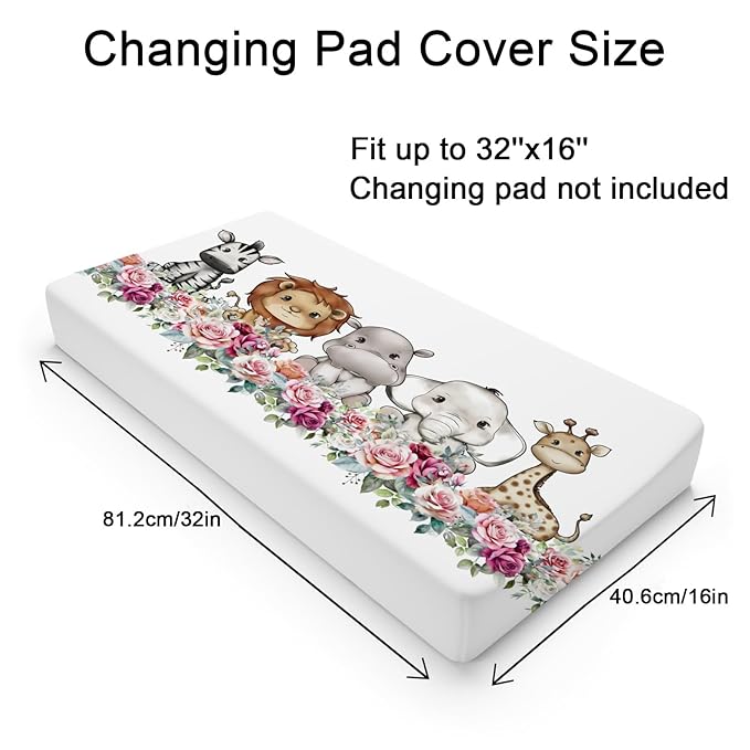 Baby Safari Animals Changing Pad Cover Cute Lion Elephant Giraffe Zebra Hippo Retro Floral Change Table Pad Cover for Boys Girls Soft Stretch Fitted Diaper Changing Mat Sheets 32''x16''