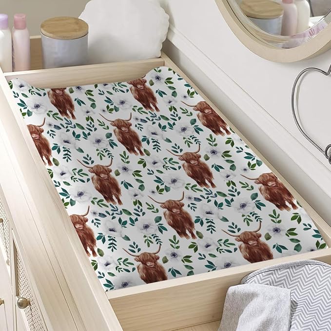 Highland Cows Floral Changing Pad Covers Highland Yak Flowers Leaves Diaper Change Table Pad Covers for Baby Girls and Boys Soft Breathable Stretch Changing Table Cover 32''x16'' Poppy