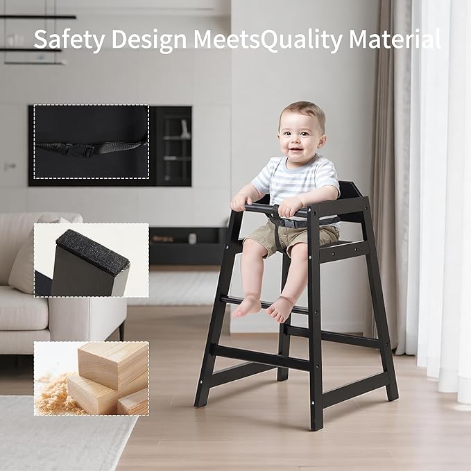Wooden High Chairs for Babies and Toddlers, Restaurant-Style Stackable High Chair with Commercial Grade Solid Wood for Dining Table & Kitchen, Easy to Clean Baby Booster Seat -Black