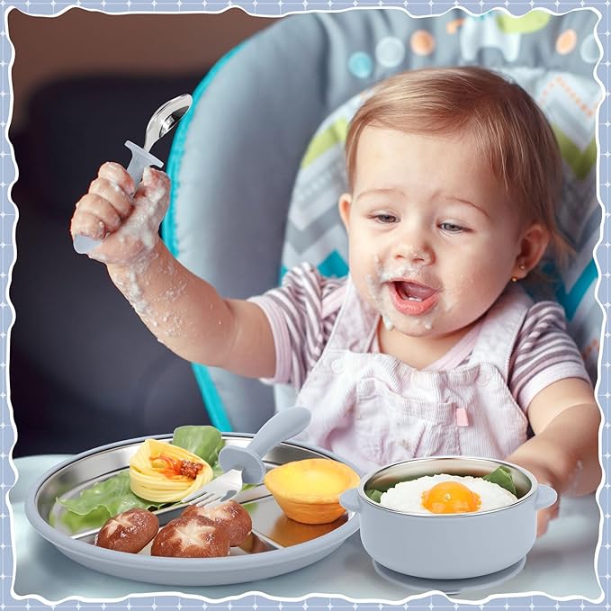 Nuogo 8 Pcs Stainless Steel Kids Plates and Bowls Set with Suction Stainless Steel Baby Plate, Toddler Bowls, Forks, Spoons with Removable Silicone Suction Silicone Baby Feeding Set, Dishwasher Safe