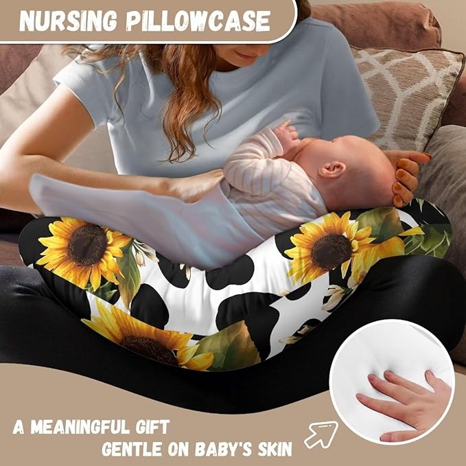 Cow Stripes and Sunflowers Nursing Pillow Cover for Baby Boy Girl Ultra Soft Comfortable Newborn Nursing Pillow Case Breathable and Washable