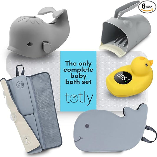 6pcs Bath Kneeler and Elbow Rest pad Set - Complete Bathtime Kit with 2 Cushions, Rinse Cup, Spout Cover, Thermometer & Non-Slip Mat