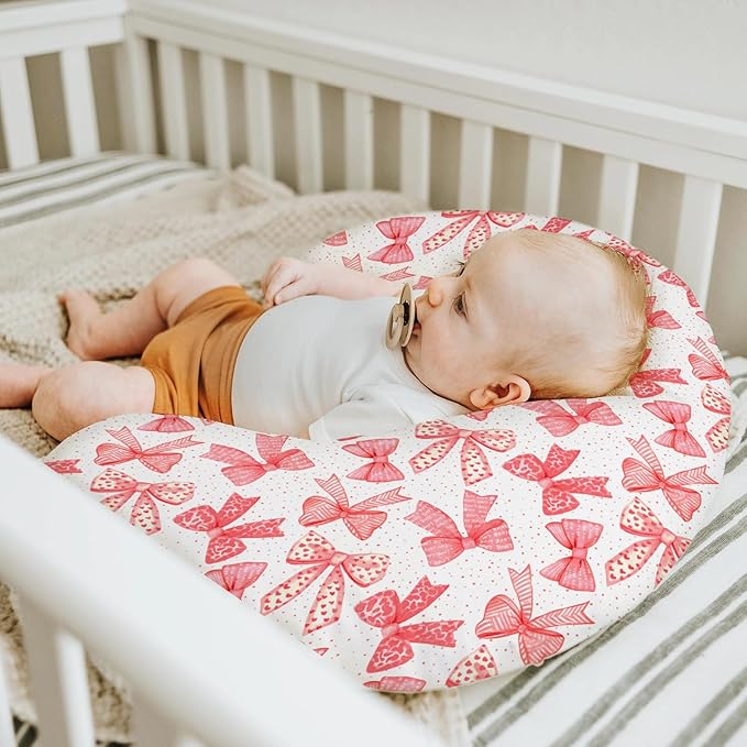Red Bows Baby Nursing Pillow Covers for Girl Red Hair Bows Leopard Stripes Nursing Slipcovers for Breastfeeding Pillows Valentine Hearts Love Soft Stretchy Removable Cover for Newborn Infant