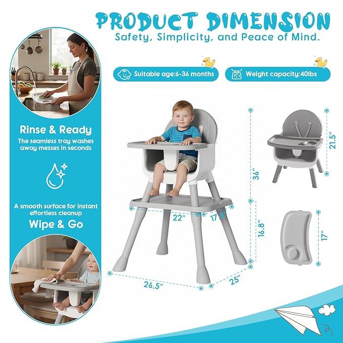 UNISWAN 6 in 1 Baby High Chair, Convertible Highchair for Babies and Toddlers (Grey)