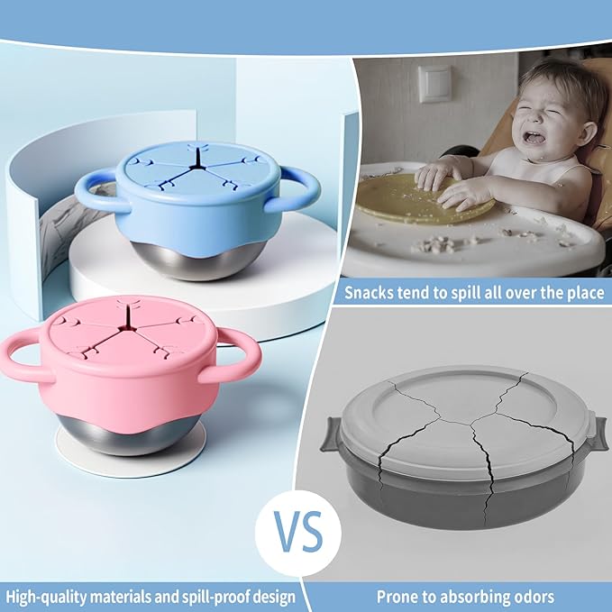 Qtencas 2 Pack Stainless Steel Snack Containers for Toddlers with Spill-Proof Silicone Lids and Handles, Food Grade Snack Cups for Toddlers Kid（Pink and Blue）