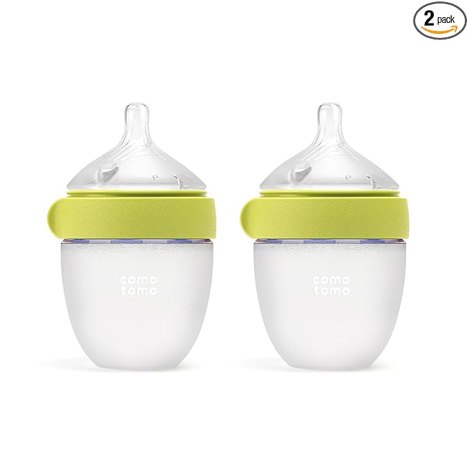 Comotomo Silicone Baby Bottle Gen 2 – 2026 Release (5oz) – True Slow-Flow Nipple for Newborn Feeding (0-3 Months) with Dual Anti Colic Vents for Breast to Bottle Transition, Green (Double Pack)