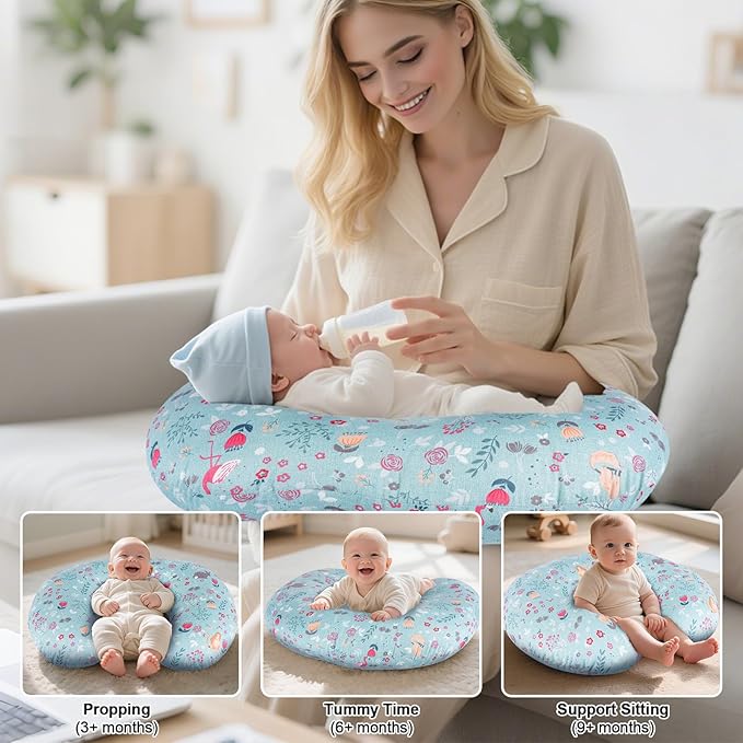 Ergonomic Nursing Pillow for Breastfeeding & Bottle Feeding, Breastfeeding Pillow to Reduce Back Neck Strain, Suitable for Breastfeeding Mom & Baby, Washable Cotton Cover(Leave)