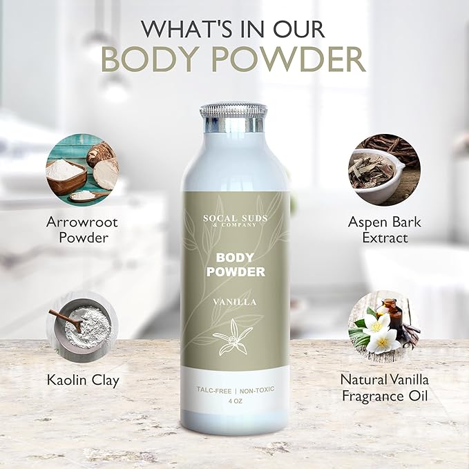 SoCal Suds & Company - Natural Body Powder Talc-Free - with Arrowroot Powder, Kaolin, Aspen Bark Extract for Soft Soothing Delicate Skin - Vanilla 4oz, 1-Pack