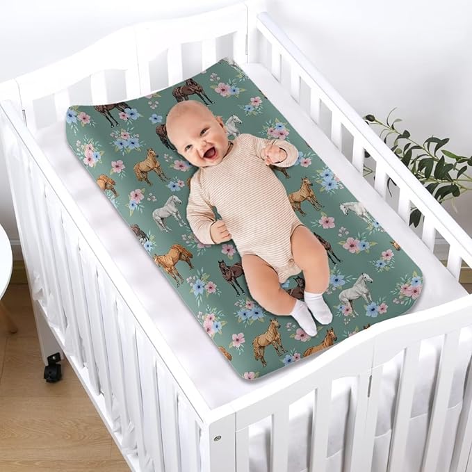 Flower Horse Changing Pad Cover for Baby Boy Girls Changing Table Covers 32''x16'' Diaper Table Change Mat Sheet Infant Newborn Changing Pad Covers