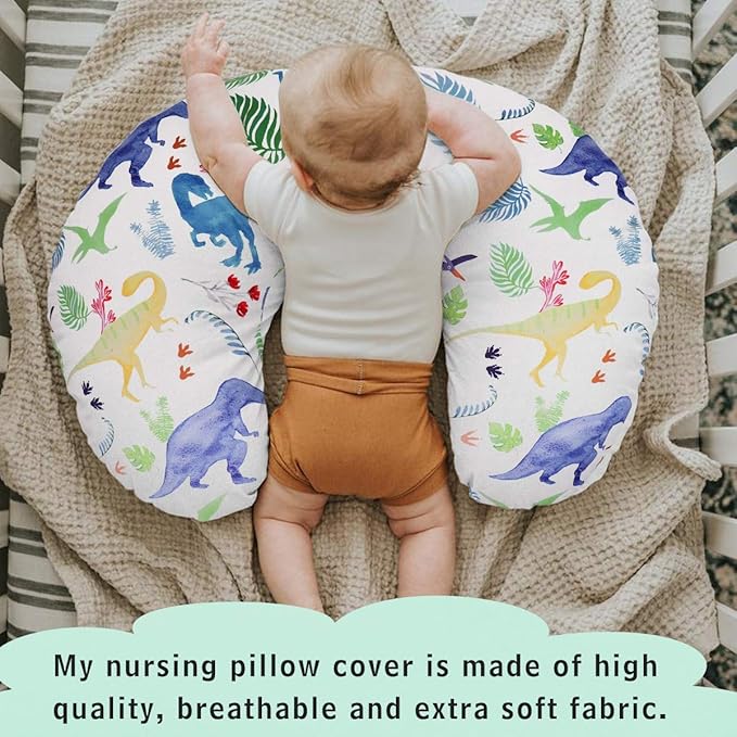 Dinosaur Nursing Pillow Cover, Breastfeeding Pillow Slipcover for Baby Boys & Girls, Nursing Pillow Case for Newborn, Soft Fabric Fits Snug On Infant, Washable & Breathable, Watercolor Dinosaur