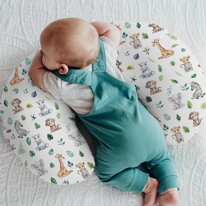 Tropical Safari Jungle Animals Green Leaves Baby Nursing Pillow Covers for Boy Girl Elephant Leopard Giraffe Hippo Nursery Pillowcase for Breastfeeding Pillows Soft Stretchy Slipcovers for Newborn