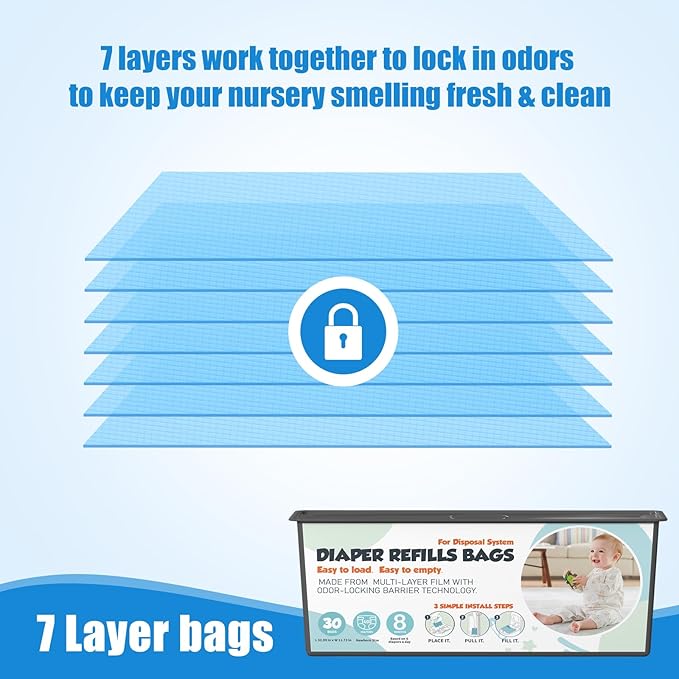 Diaper Pail Refills Bags with 30 Bags Compatible with Genie Easy Roll Signature and Platinum Diaper Pails, 7-Layer Odor-Barrier Technology, 2 Pack (60 Bags)