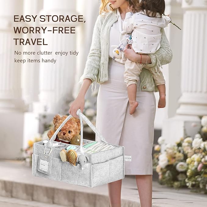 GEMII Diaper Caddy Organizer-Large Baby Caddy Organizer with Handle, Newborn Registry Essentials, Baby Shower Basket Gifts for Boys or Girls (Gray, Large)