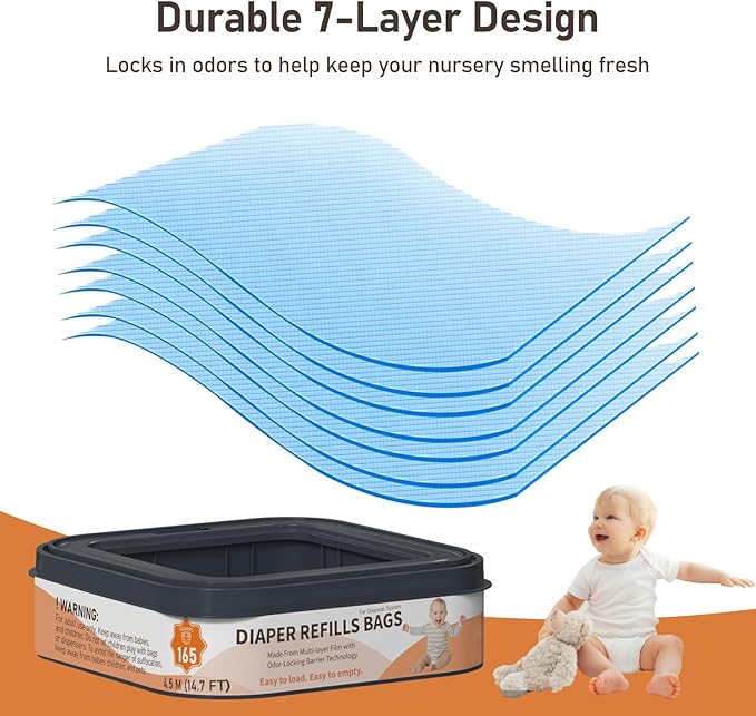 Square Starter Refills Disposal Bags Refill Compatible with Diaper Genie Compact, Classic and Select Pails, Hold Up to 165 Newborn-Sized Diapers Per Refill, 6 Pack