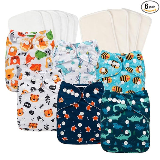 babygoal Reusable Cloth Diapers 6 Pack with 10pcs Inserts, One Size Adjustable Washable Pocket Nappy Covers for Baby Boys and Girls 6FB12