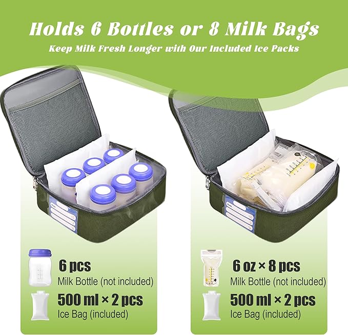 Breast Pump Bag with Insulated Cooler, Double-Layer Pumping Bag for Work & Travel, Fits Most Electric Breast Pumps, Includes 10 Ice Packs & Waterproof Mat, Detachable Bottle Cooler Tote, Green