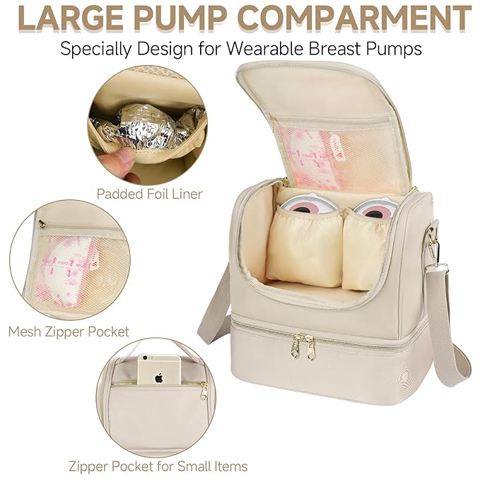Wearable Pump Bag with Cooler Compartment Fits for Willow/Eufy/Elvie/Momcozy M5/S12 Pro/Medela, Breast Milk Travel Tote Bag with Ice Pack & Waterproof Mat,Apricot