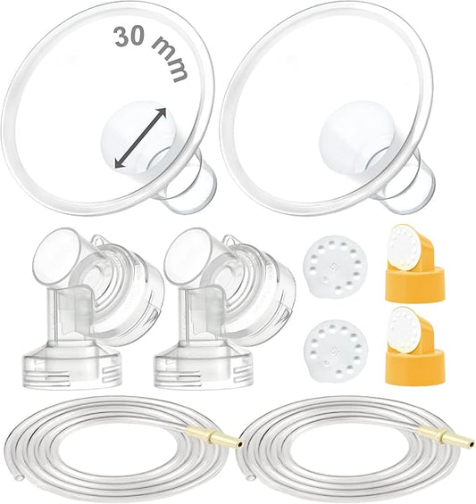 Maymom Breast Pump Kit Compatible with Medela Pump in Style Advanced Pump; 2xTwo-Piece 30mm Breastshield, 2 Valve, 4 Membrane, 2 Replacement Tubing; Replacement Part for Medela Shield, Valve