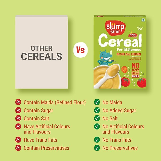 Slurrp Farm Moong Dal Khichdi Baby Cereal | Easy to Digest Travel Food for Kids | Real Veggies & 13 Nutrients | No Added Sugar, Salt or Milk | No Preservatives | 7.05 Oz (200g)